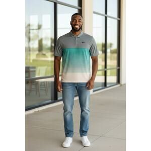 Nike Tiger Woods Polo Shirt Men’s XXL Green White Stripe Snap Golf Stretch